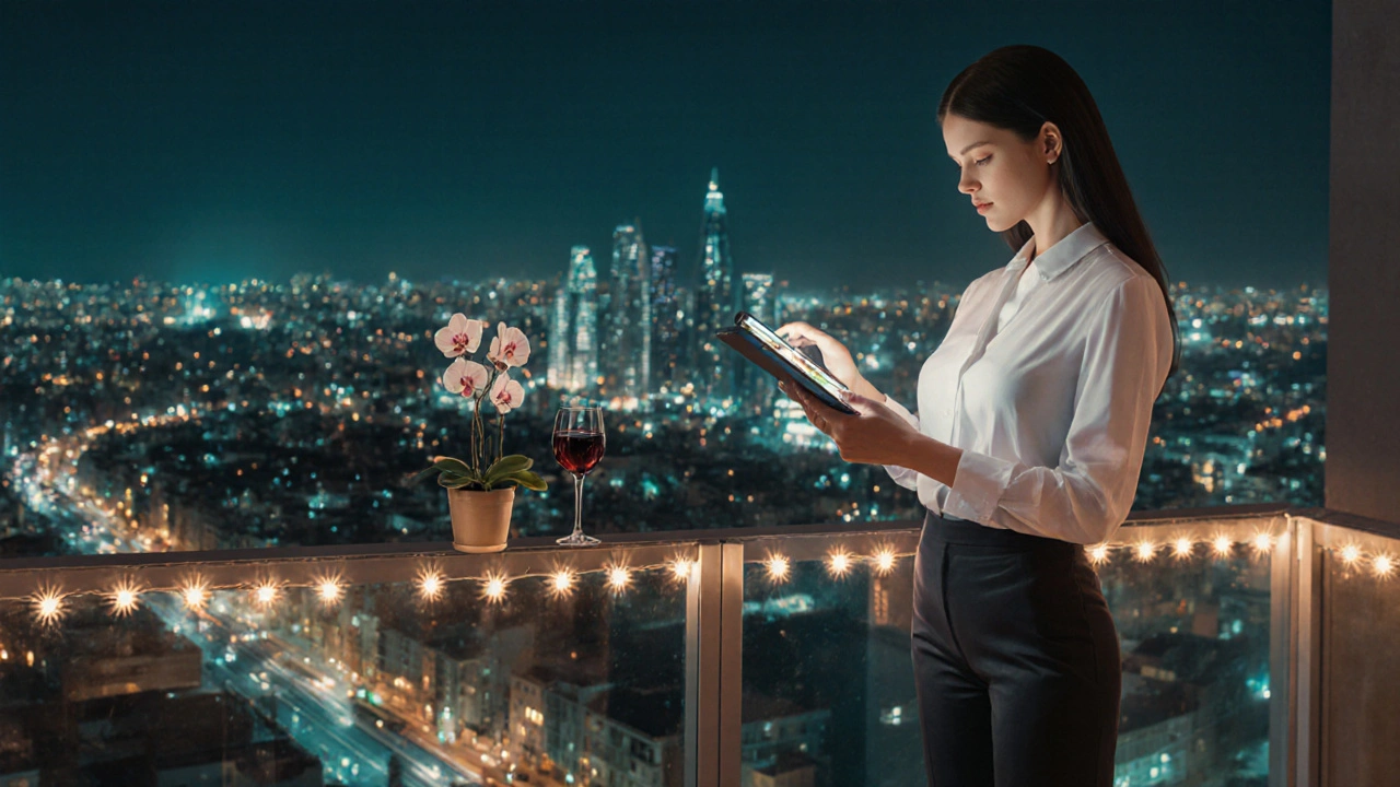 Balkonda şehir manzarası eşliğinde tabletine bakan güvenli bir hizmet profesyoneli.