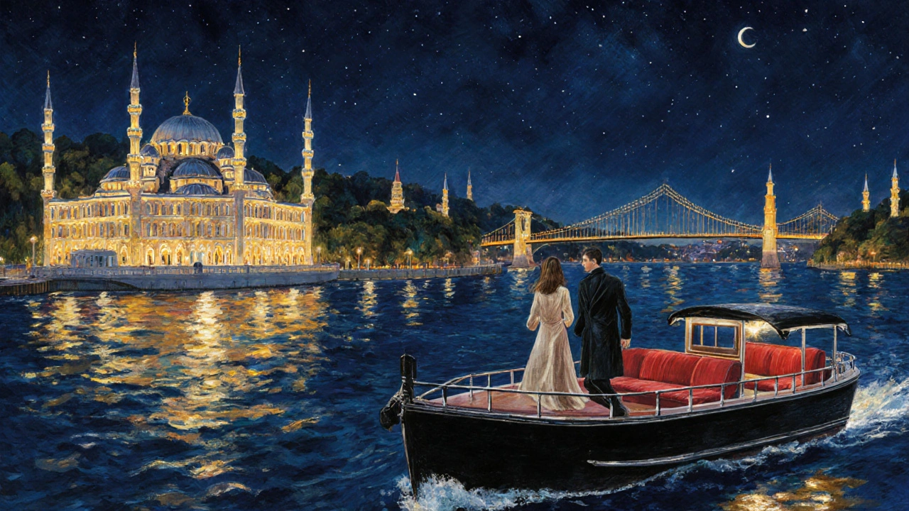 Boğazda gece turu, çift ve ışıklı şehir manzarası.