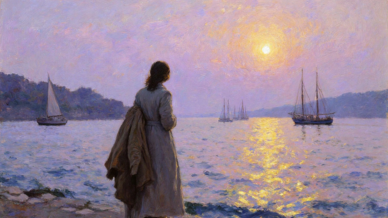 Celaliye kıyısında, bir kadın güneşin batışını izlerken, erkeğin ceketi omzunda asılı duruyor.