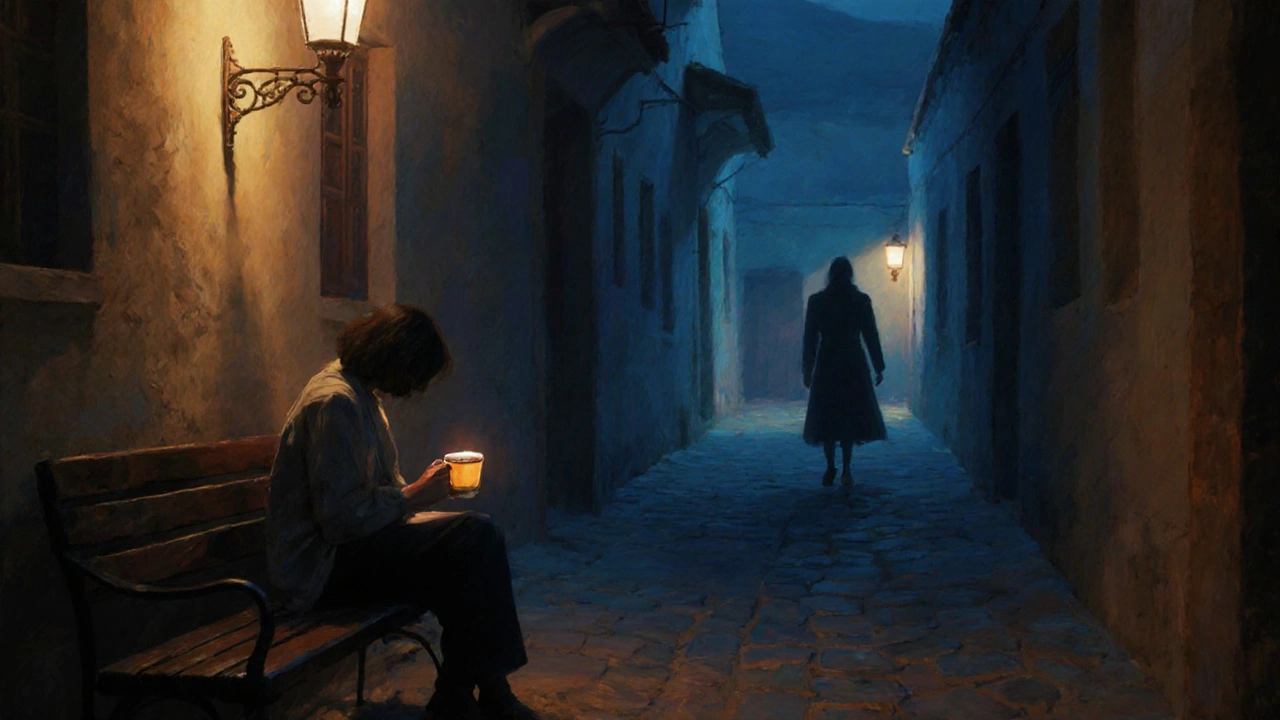 Gece ışıklarında bir bankta oturan kişi, hafifçe yaklaşan bir figürle karşılanıyor.