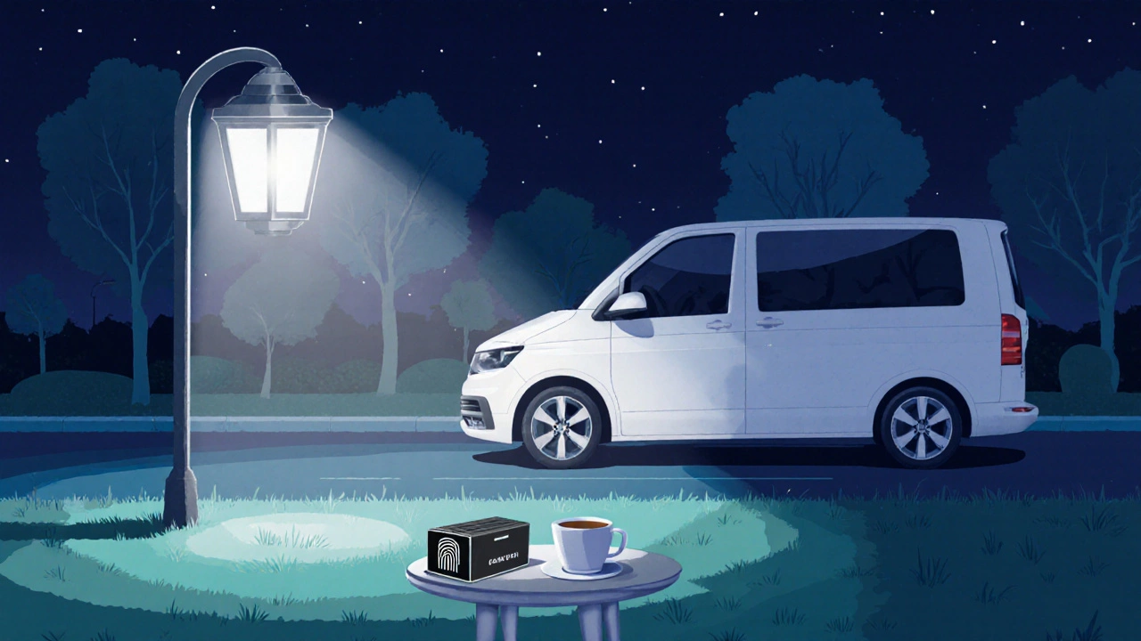 Güvenli bir buluşma için gece parkında hafif aydınlatma.