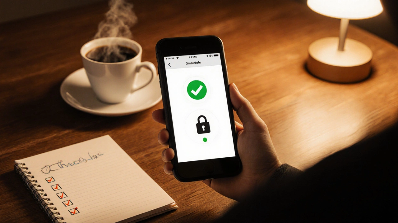 Güvenli kimlik doğrulama ekranı gösteren akıllı telefon ve kontrol listesi illüstrasyonu.