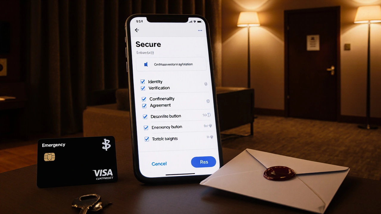 Güvenli rezervasyon sahnesi: akıllı telefon, şifreli ödeme, kontrol listesi, gizli anahtar ve mühürlü zarf.