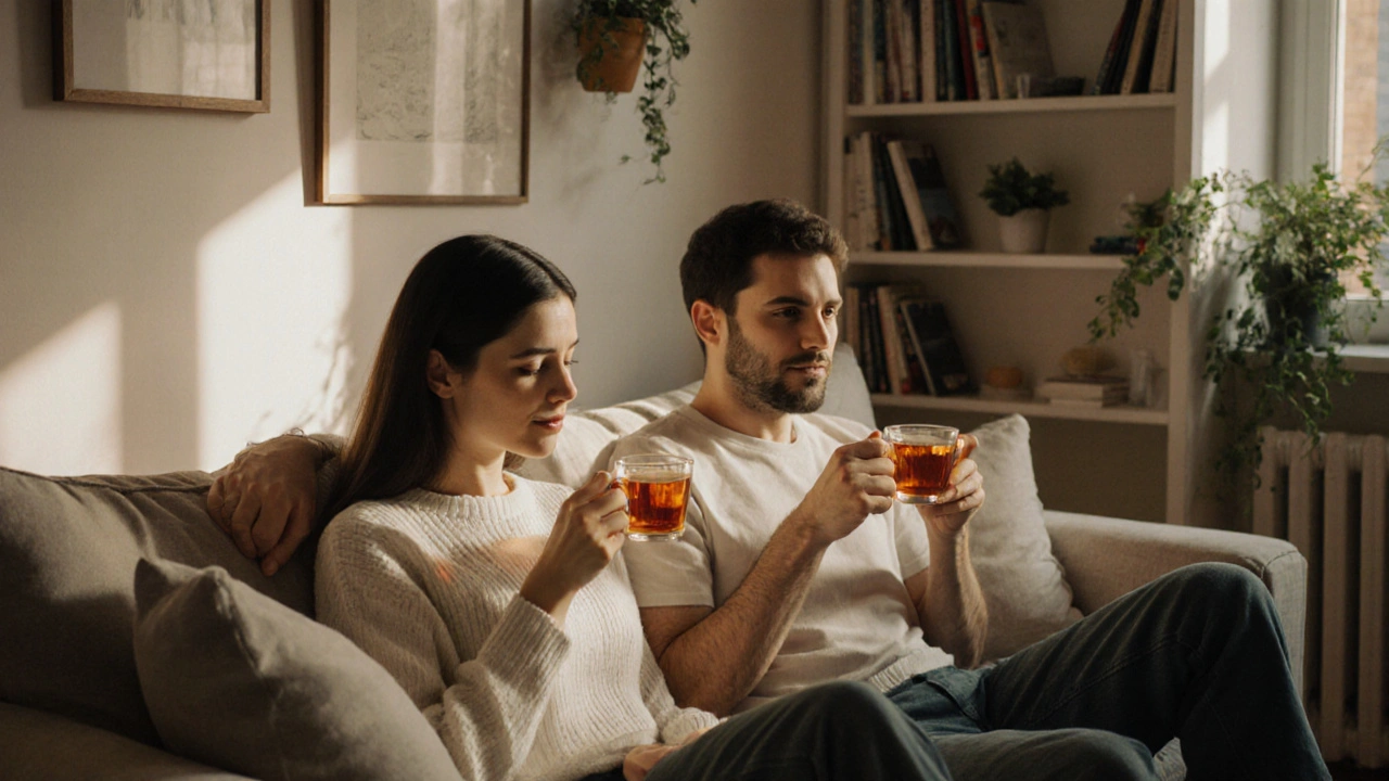 İki kişi, sakin bir oturma odasında çay içerek samimi bir sohbet ediyor.