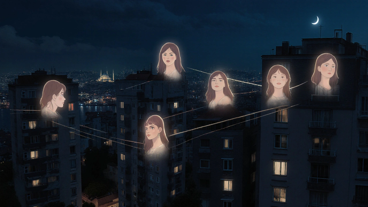 İstanbul'un gece manzarasında, asyalı kadınların gölgeleri evlerden yükseliyor ve duygusal bağlarla bağlanıyor.