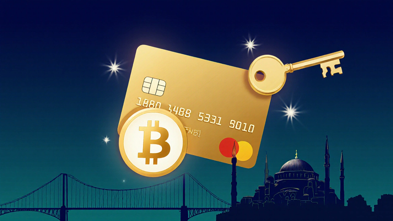 İstanbul silueti üzerinde Bitcoin ve kredi kartı simgeleri.