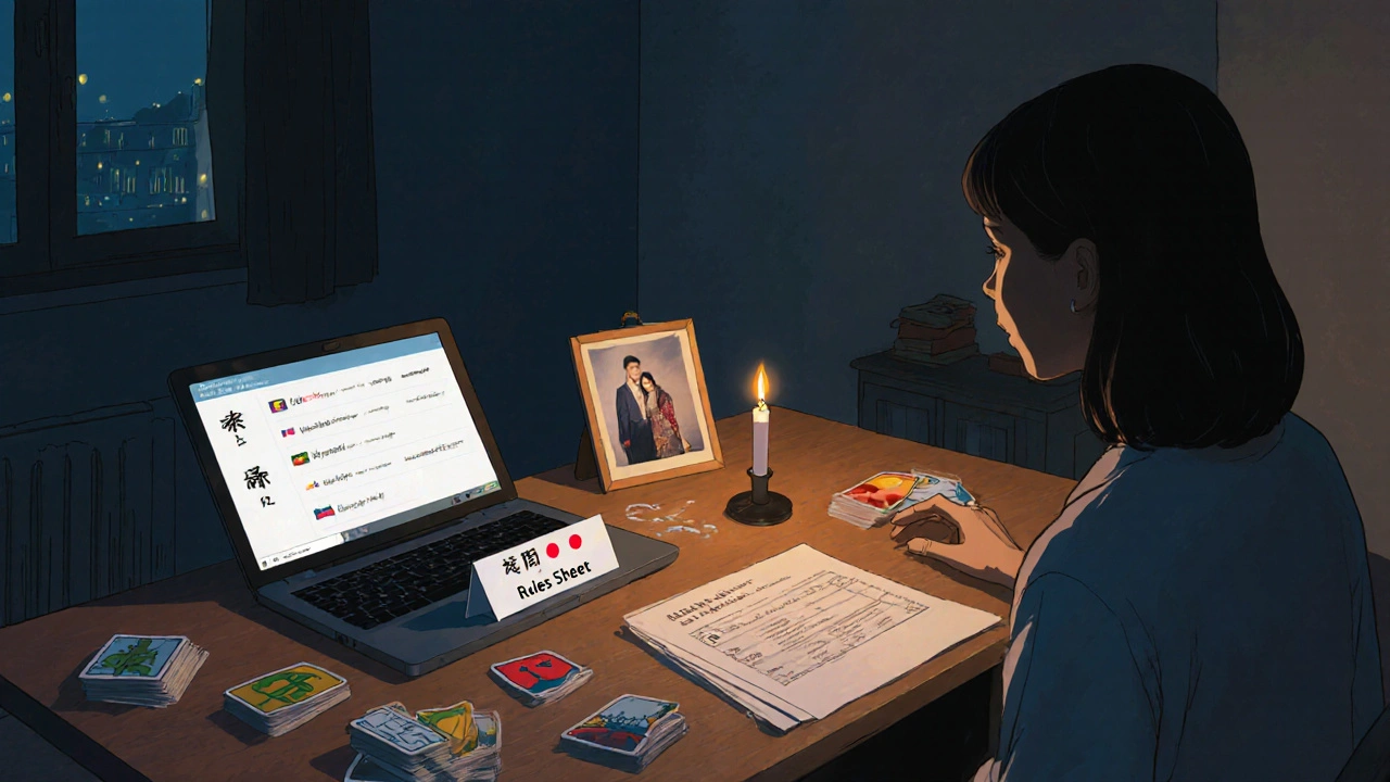 Kadıköy'de bir kadın, dil kartları ve kurallar kağıdı ile yalnızca bir odada oturuyor.