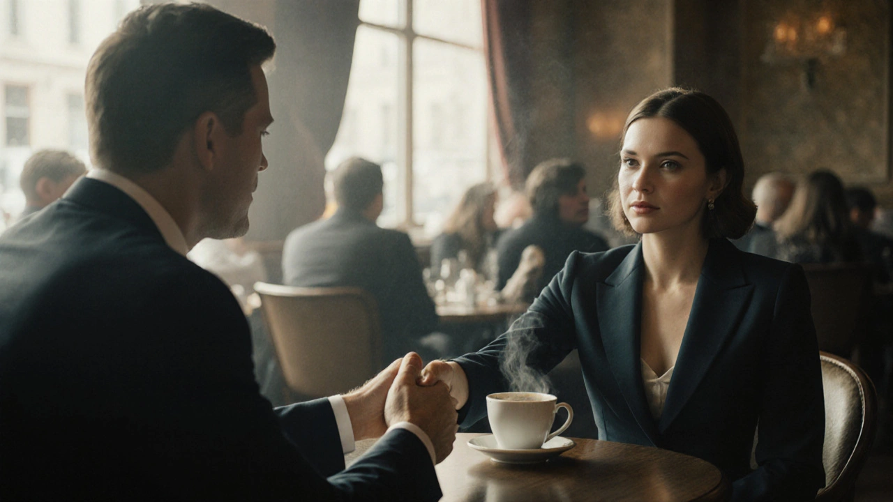 Kafe ortamında bir kadın ve erkek, kahve karşısında el sıkışıyor, sıcak atmosfer.