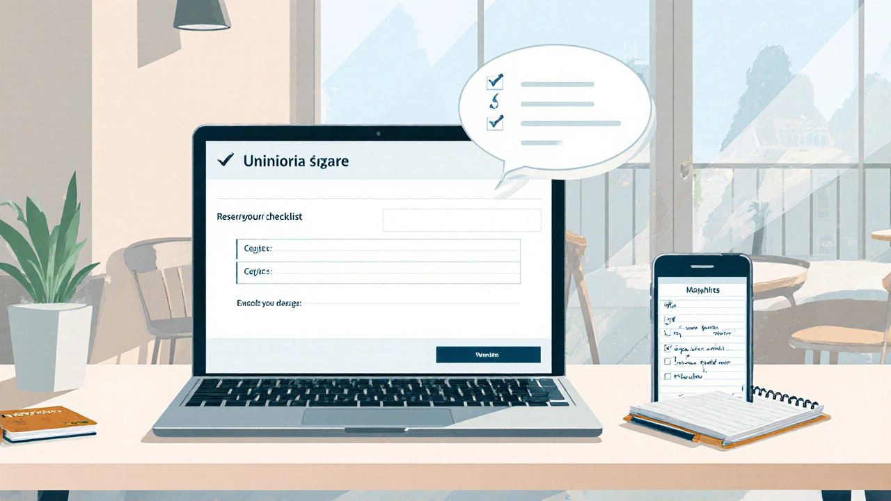 Kafede dizüstü bilgisayar, telefon ve not defteriyle rezervasyon formu gösteriliyor.