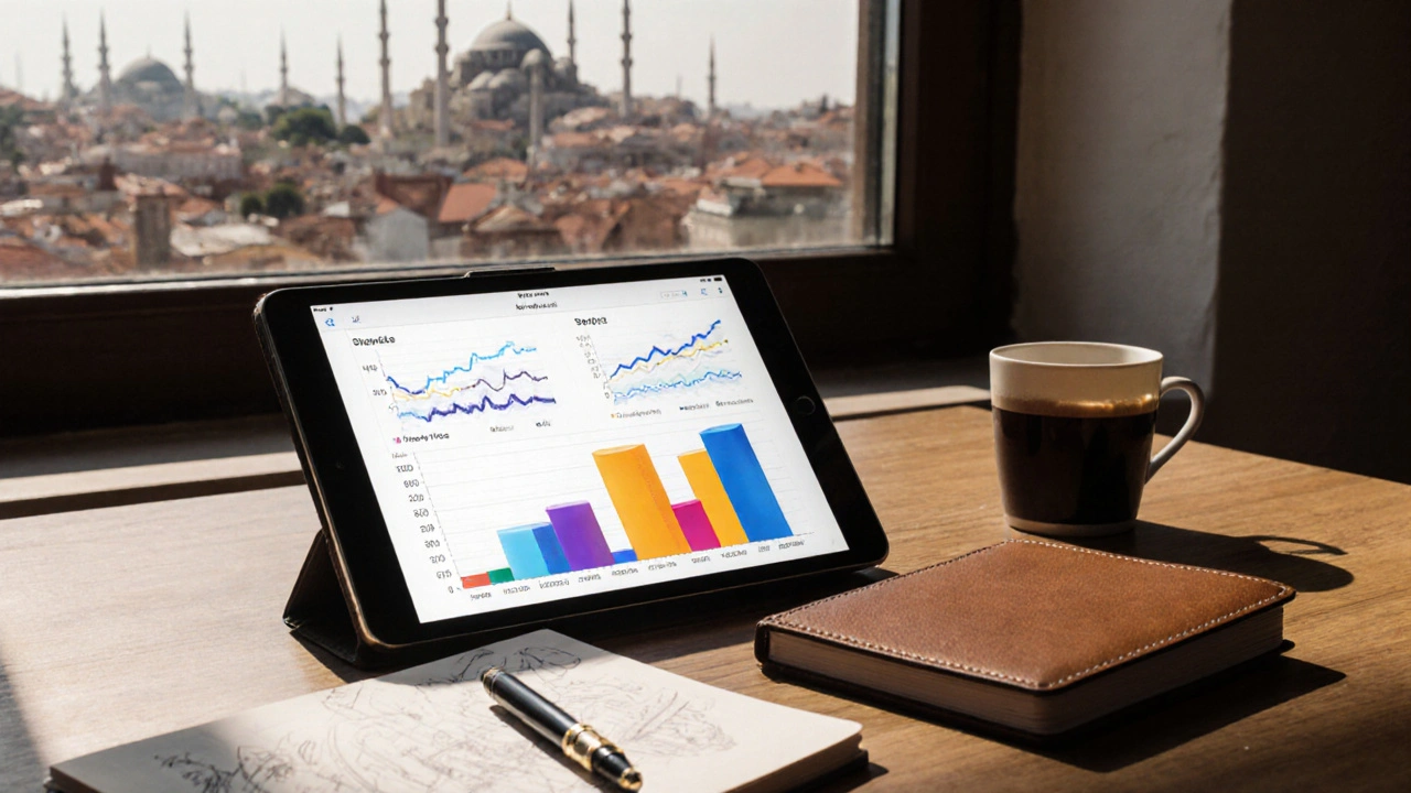 Kahve masasında fiyatları gösteren bir tablet ve not defteri.