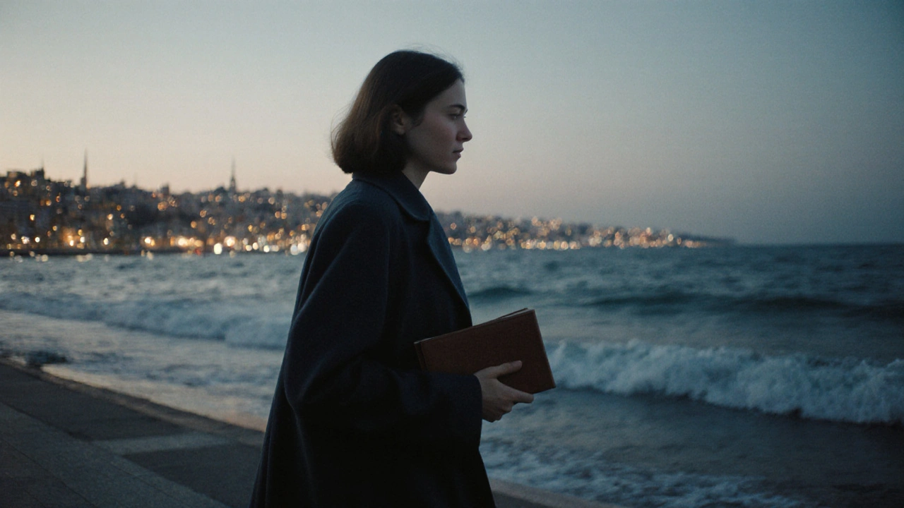 Kartal sahilinde akşam saatlerinde kitap tutan bir kadın, sessiz bir yürüyüş yapıyor.