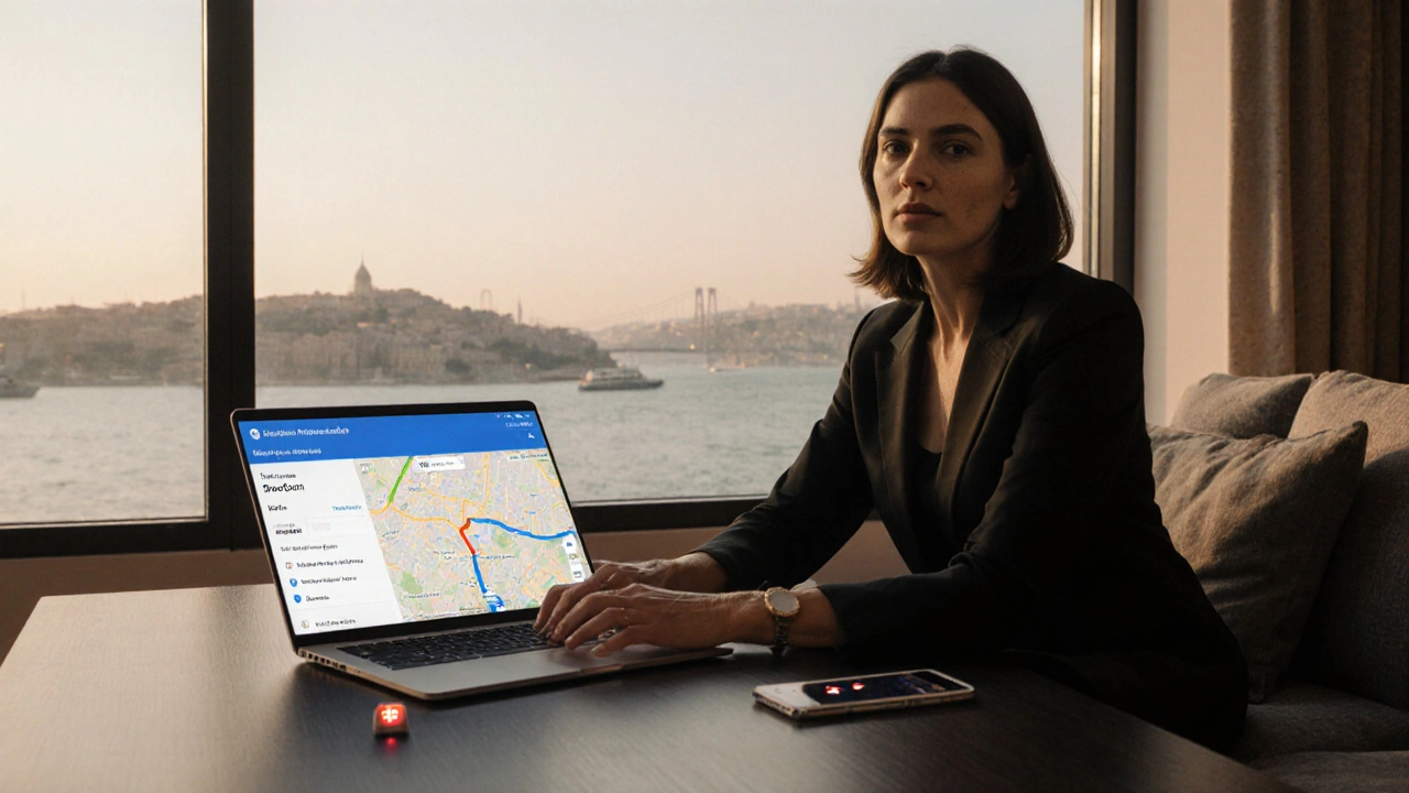 Modern bir İstanbul apartmanında kadın, blokzincir doğrulama ekranı ve GPS haritasıyla güvenli bir hizmet süreci yaşarken.