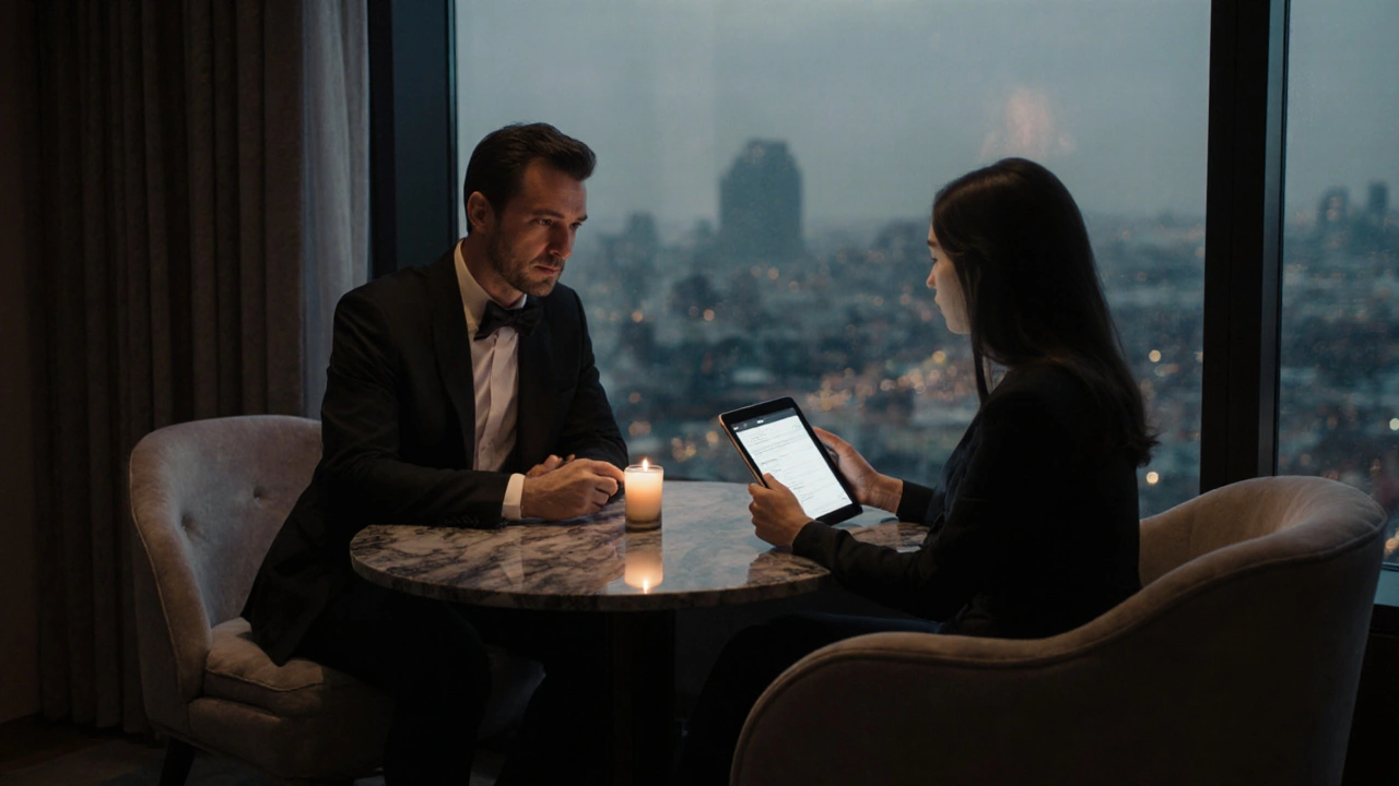 Özel bir salon, masa başında bir tablet inceleyen şık giyimli iki kişi.