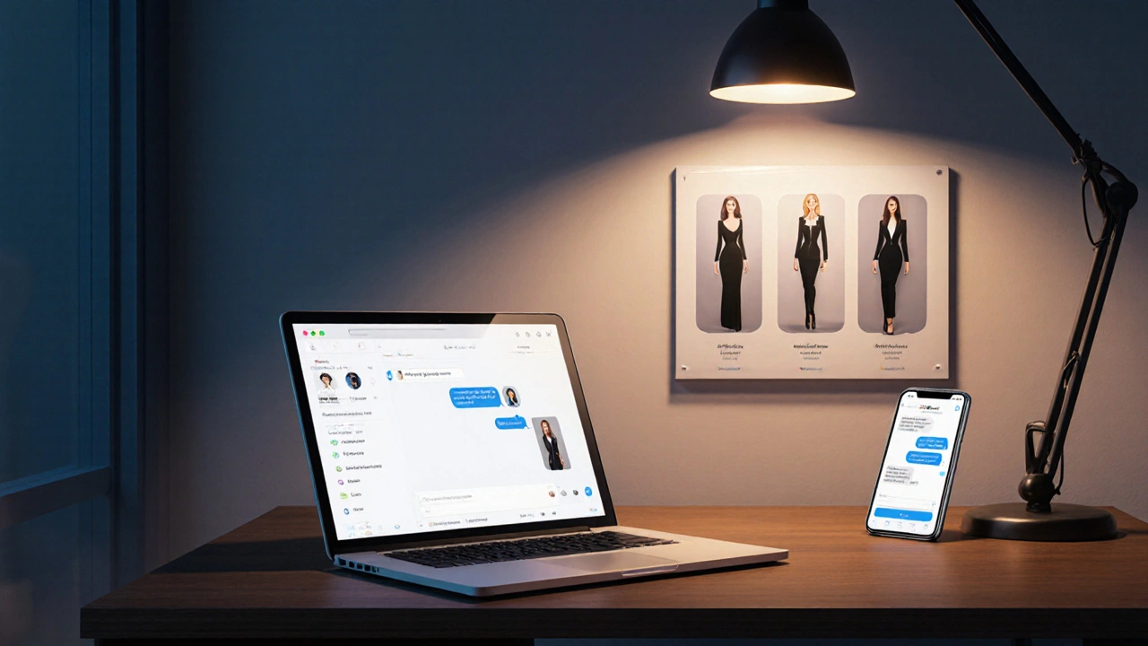 Şık bir ajans ofisi, masa, laptop ve profil panosunda zarif kadın siluetleri.