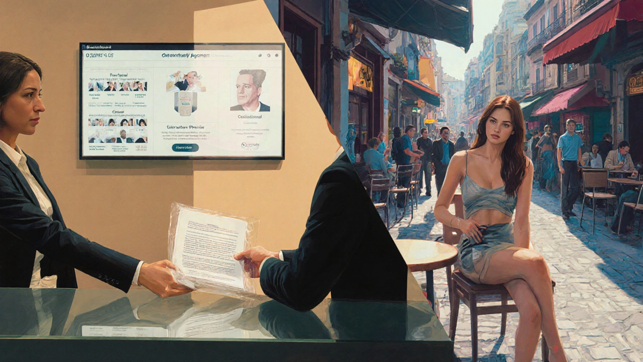 Sol tarafta ajans ofisi, sözleşme ve kimlik kontrolü; sağda bağımsız buluşma, kafede rahat ortam.