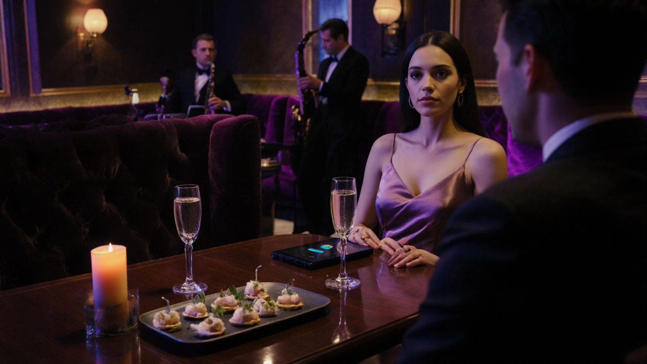 VIP lounge'da şampanya ve şifreli mesajları gösteren telefonla oturan zarif bir escort.