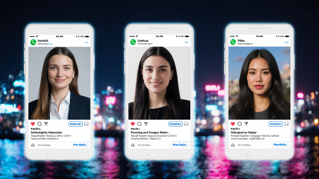 2025&#039;te üç farklı kadın, akıllı telefonlarında dijital iletişim ve ödeme ekranlarıyla İstanbul&#039;un gece manzarasının önünde.