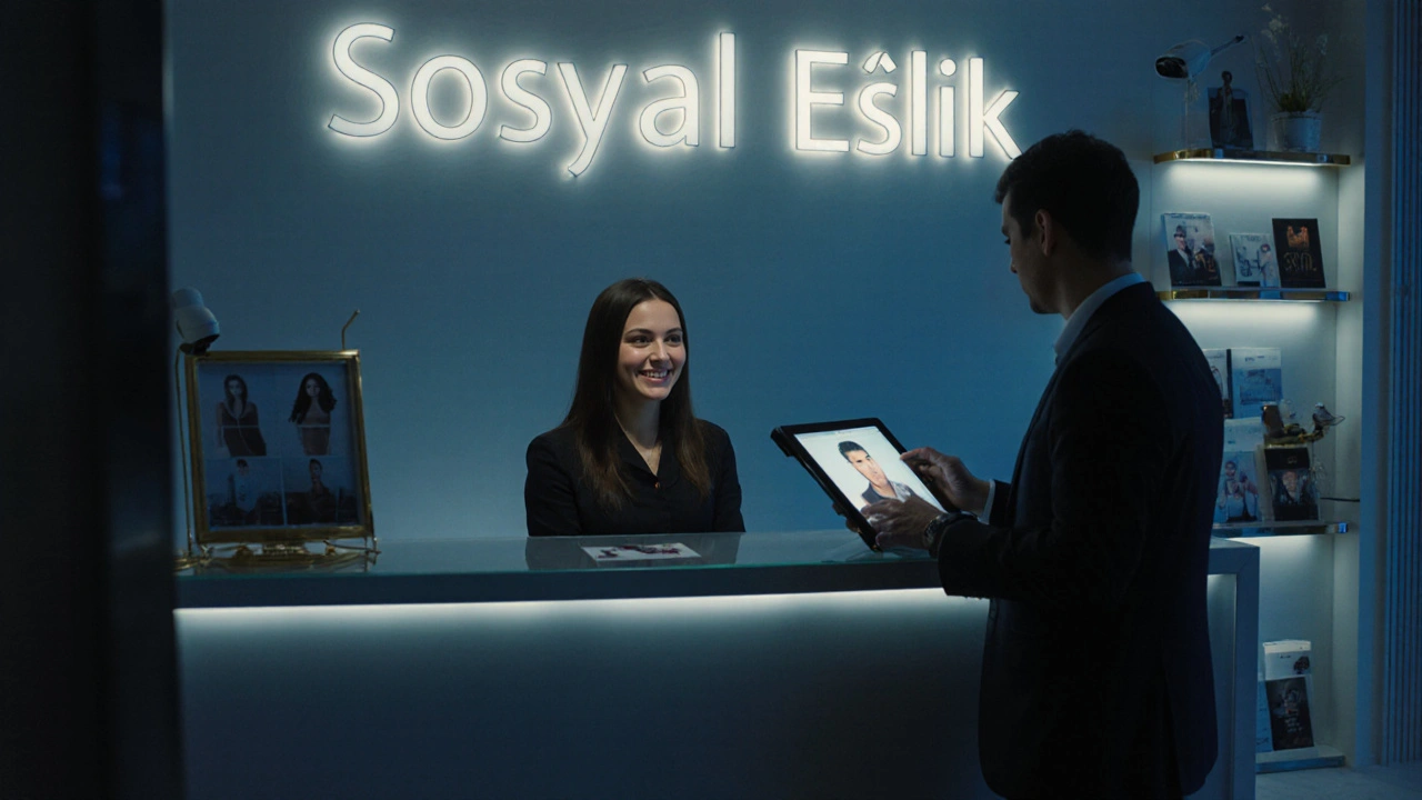 Ataşehir&#039;de bir sosyal eşlik ajansının profesyonel ofisi, müşteriyle görüşen görevli.