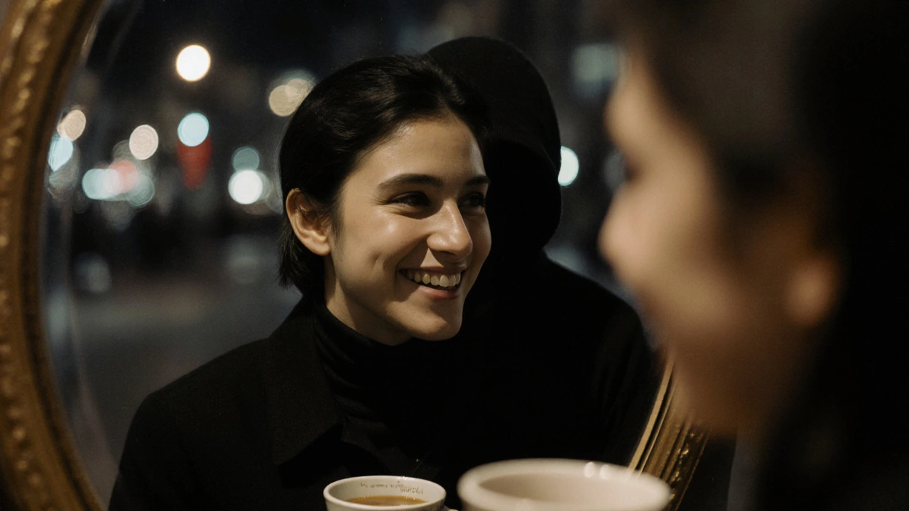 Bir aynada yansıyan bir kişi, yanında kahve fincanı tutan bir figürle gülümserken, içsel bir keşif sembolü.