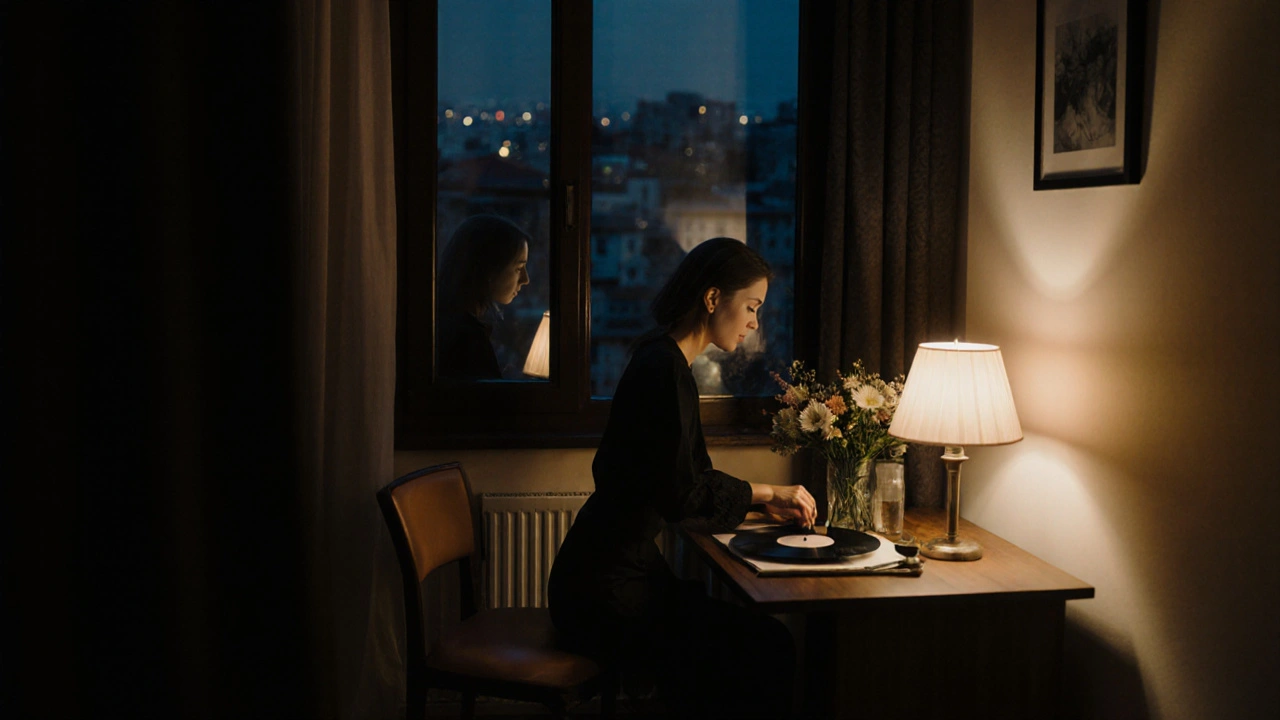 Bir kadın Beşiktaş&#039;ta bir odada çiçekler düzenliyor, şehir manzarası pencerede.