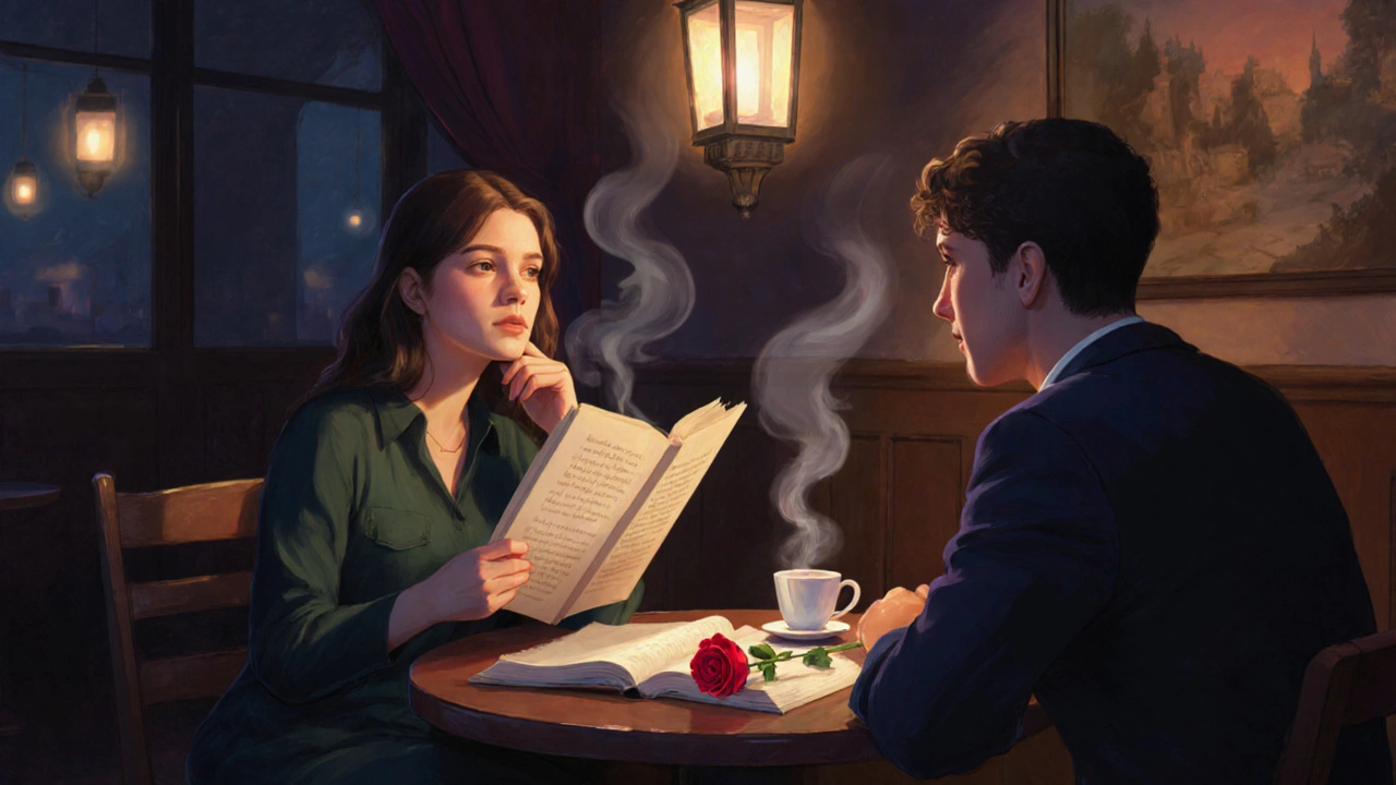 Bir kadın, bir erkeğe bir şiir okurken, kafe masasında çayın buharı yükseliyor.