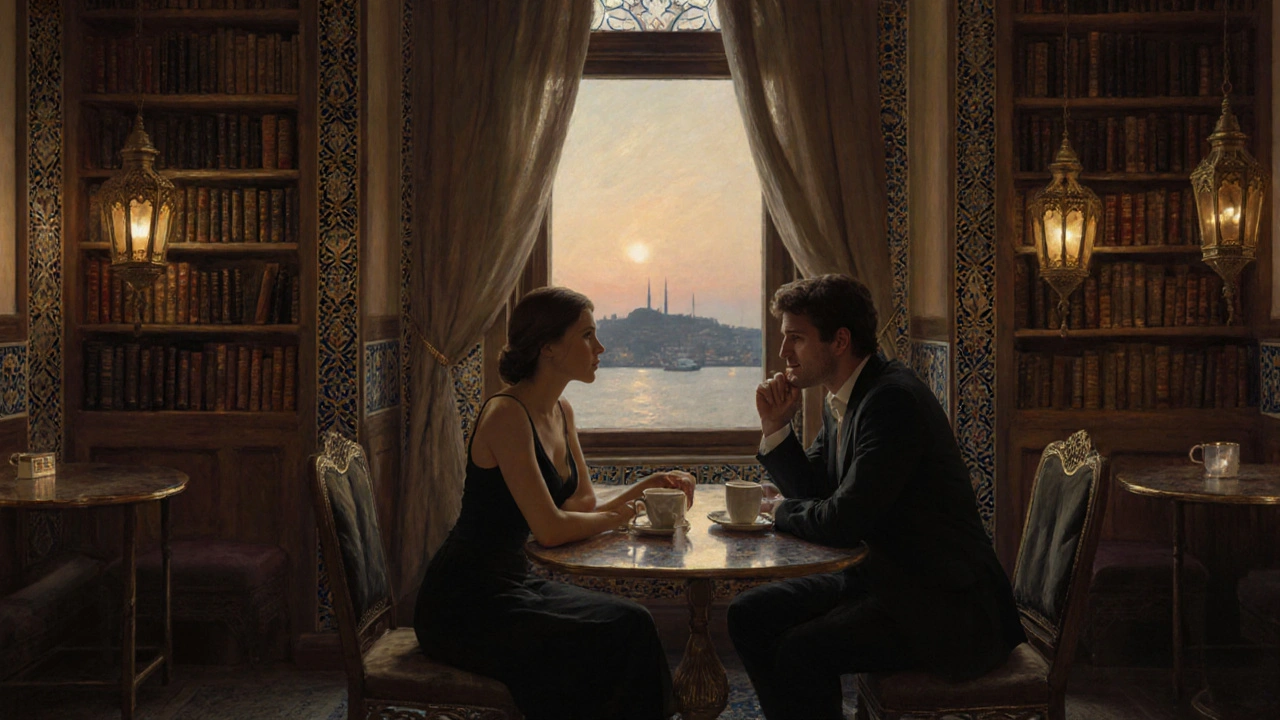 Bir kadın, eski bir Osmanlı evinde bir erkek misafirle kahve içiyor, kitaplıklar ve geleneksel çinilerle çevrili.