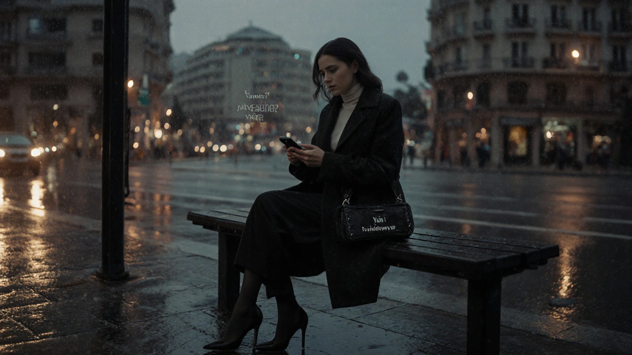 Bir kadın, Maltepe&#039;de bir otobüs durağında telefonuna bakıyor, arka planda lüks apartmanlar var.