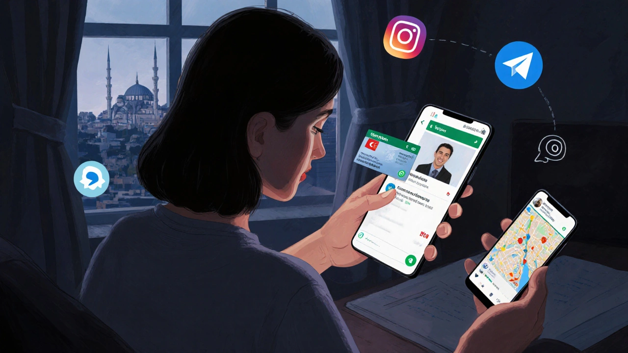 Bir kadın, T.C. kimlik kartını tutarken WhatsApp üzerinden mesajlaşırken İstanbul manzarasını arka planda gösteriyor.