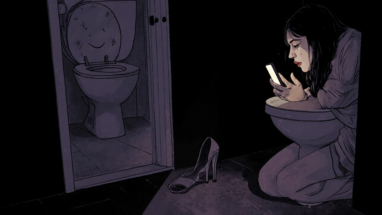 Bir kadın, tuvalette oturmuş, gözlerinde yaşlar ve telefonunda randevu mesajları.