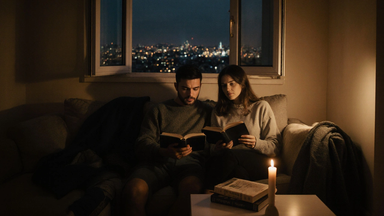 Bir kadın ve bir erkek, bir apartman oturma odasında yan yana kitap okuyor, gece manzarası pencereden görülüyor.