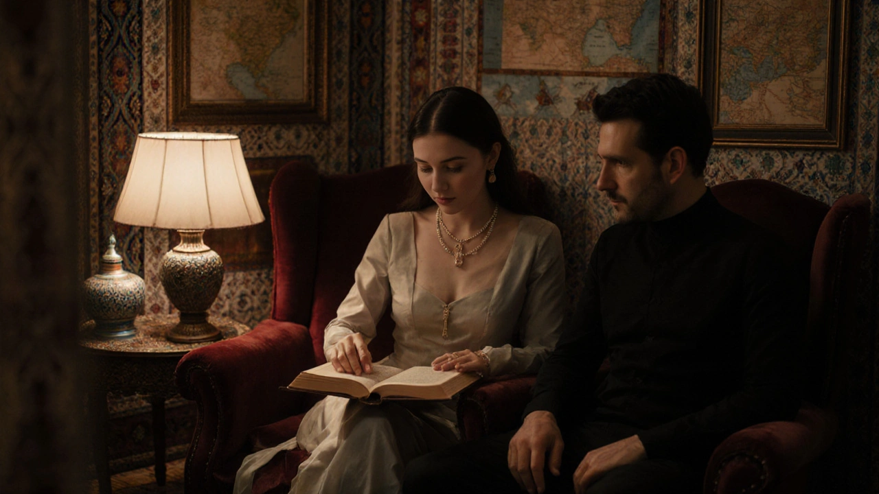 Bir kadın ve bir erkek, eski bir Osmanlı konağında kitap okurken sessiz bir akşam paylaşıyor.