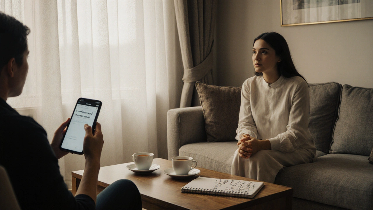 Bir kadın ve müşteri, sıcak bir oturumda çay içerek sessiz bir sohbet yapıyor.