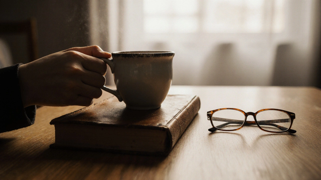 Bir kahve fincanı, kitap ve gözlüklerle birlikte güneş ışığında duran kadının elleri, sakin bir masanın üzerinde.