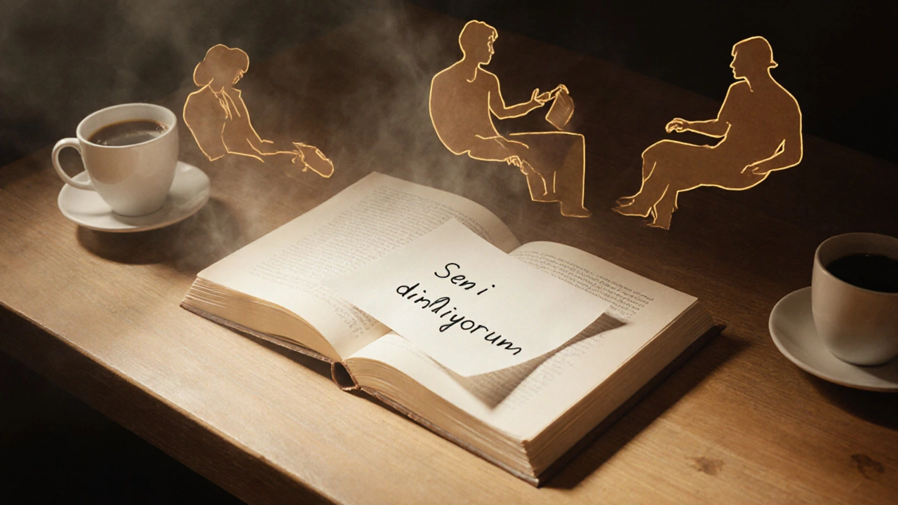 Bir kitapta gizlenmiş bir not, &#039;Seni dinliyorum&#039; yazısıyla, kahve fincanı ve ellerin silüetleriyle çevrili.