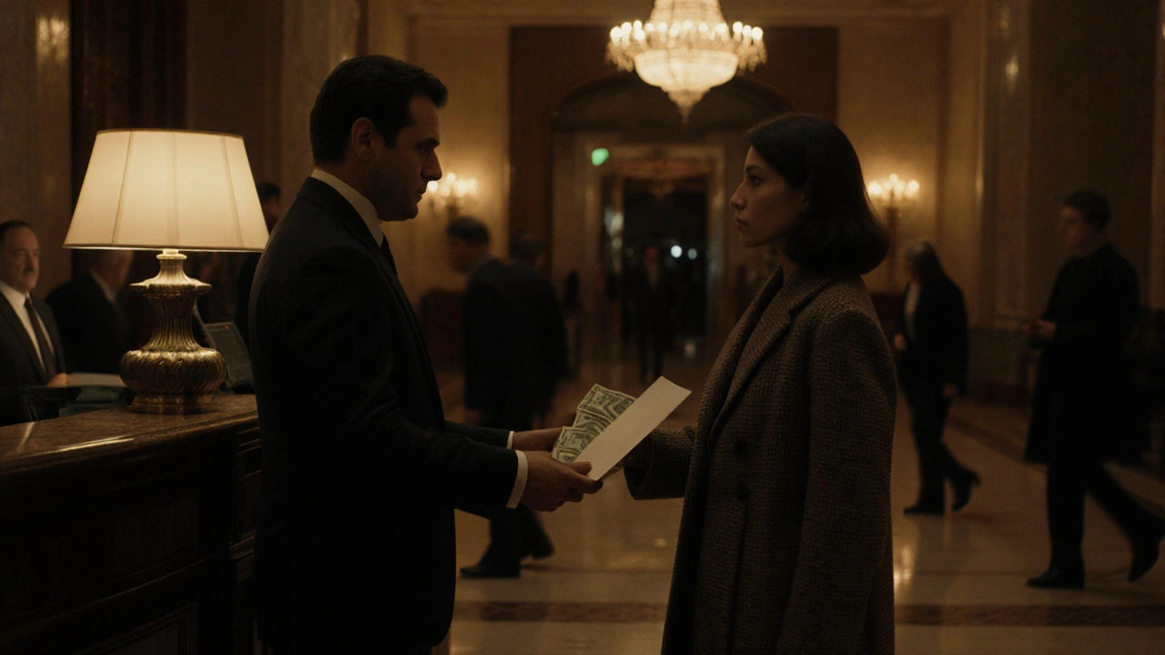 Bir otel lobby&#039;sinde para veren bir erkek ve alıcı bir kadın, gizli bir işlem anı.