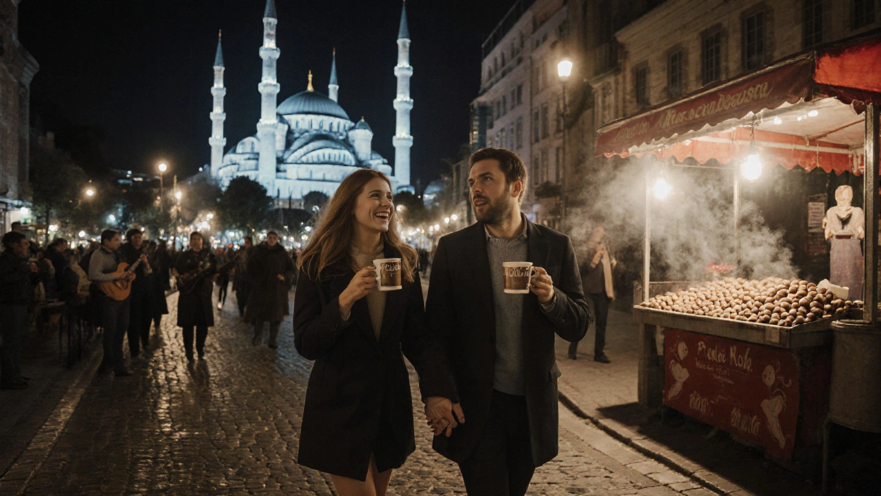 Bir Rus kadın ve müşteri, Ortaköy&#039;de gece yürüyüş yaparken camiler ve sokak ışıkları arasında gülüşüyor.