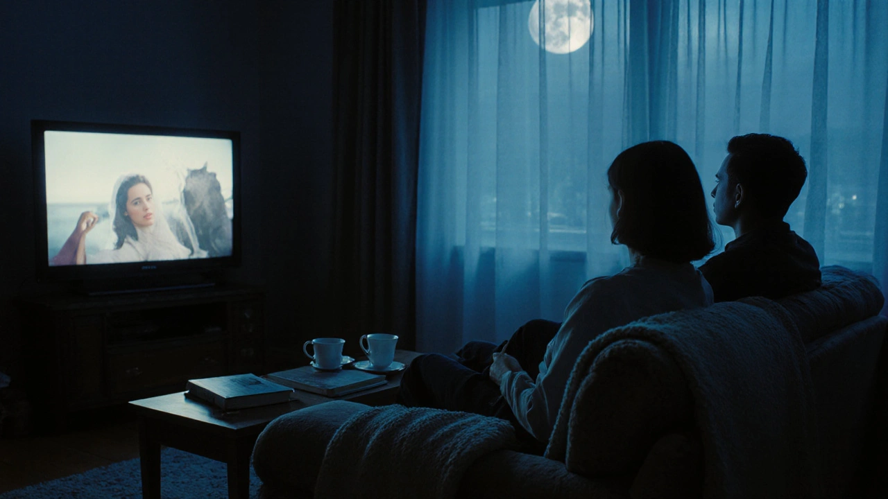Bir salonda, bir kadın ve bir erkek, sessizce bir film izliyor, akşam ışığı pencereden giriyor.
