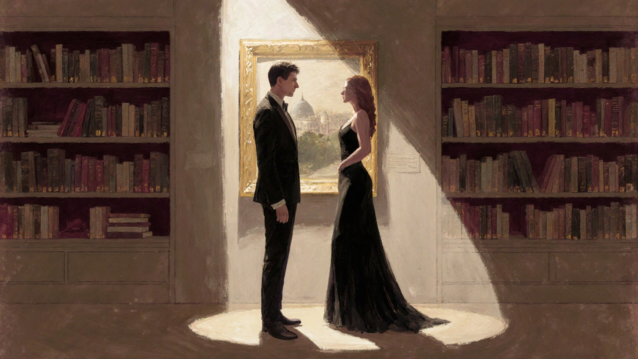 Bir sanat galerisinde zarif bir eşlikçi ve müşteri sakin bir şekilde yan yana duruyor.