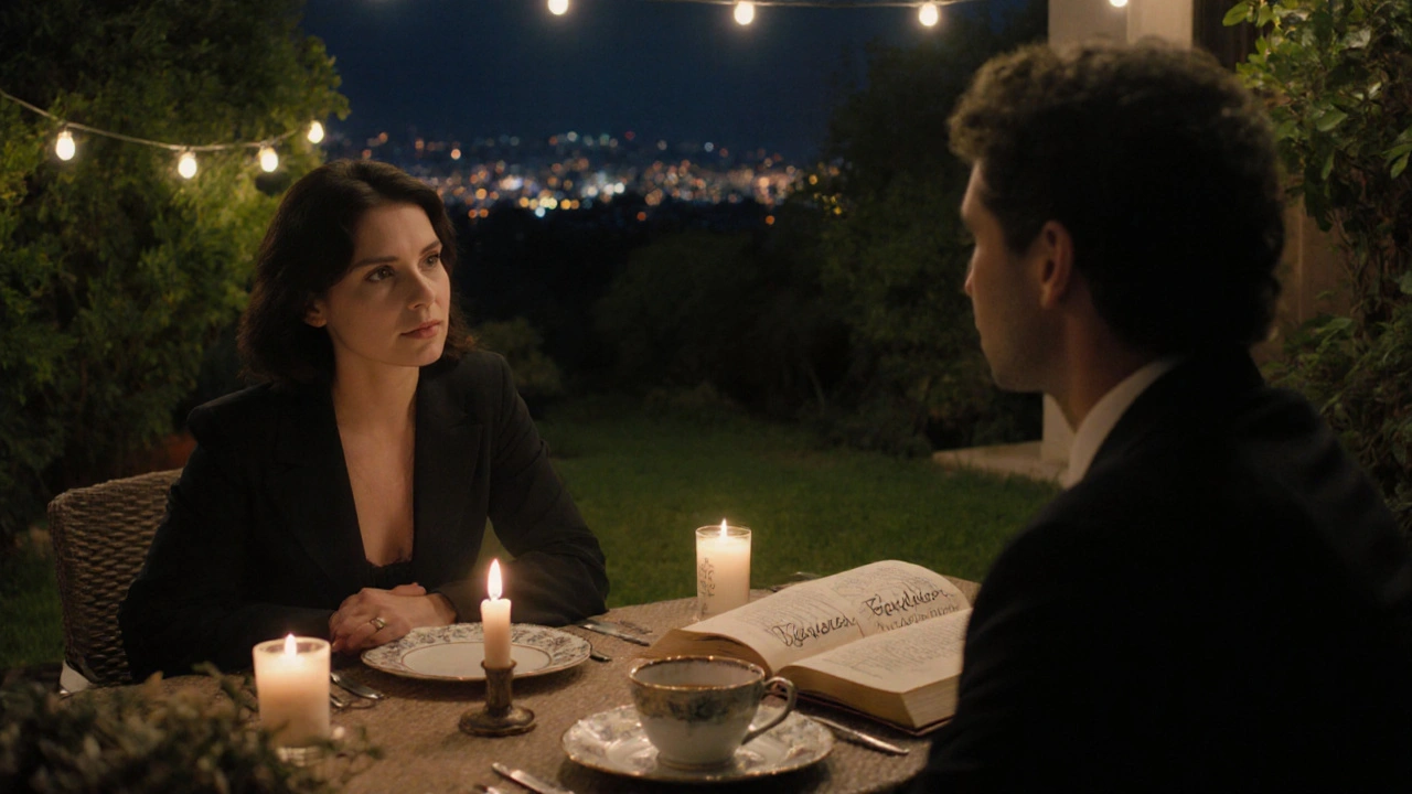 Bir villa bahçesinde mum ışığında sessiz bir sohbet, ince çiniler ve kitaplarla çevrelenmiş.