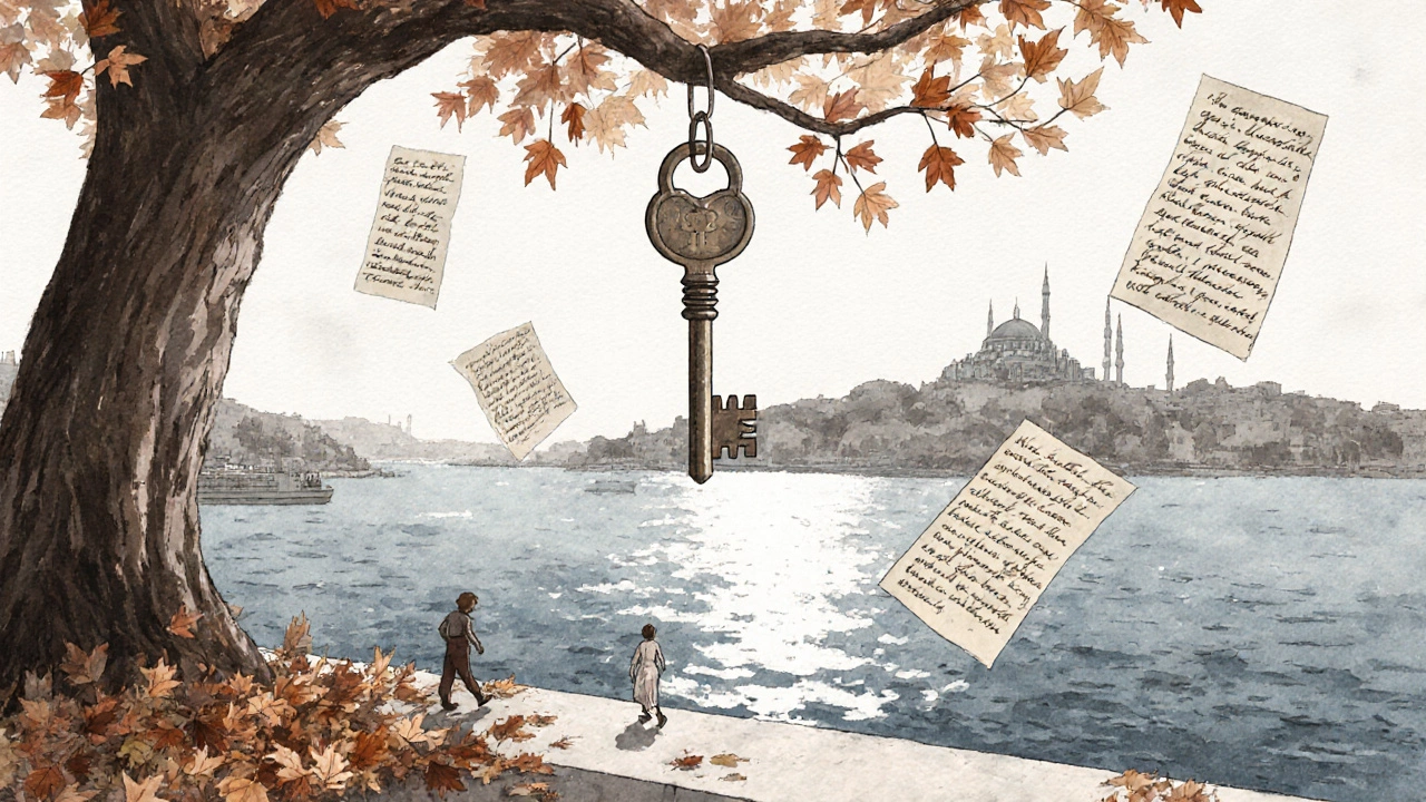 Bosphorus&#039;un üzerinde asılı bir anahtar ve yüzeyde yüzen el yazısı mektuplar, yalnızlık ve bağlanma sembolü.