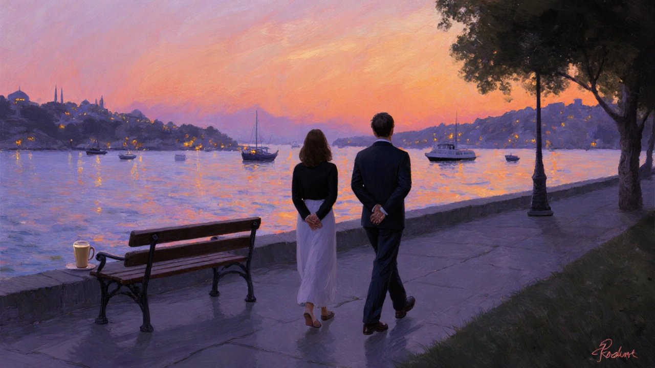 Bosphorus kıyısında, akşam saatlerinde sessizce yürüyen bir kadın ve bir erkek.
