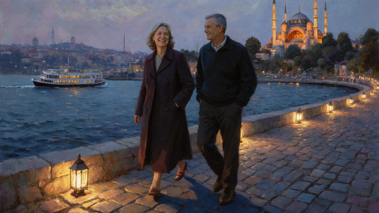 Bosphorus kıyısında akşam saatlerinde yürüyen iki kişi, şehir manzarası arka planda.