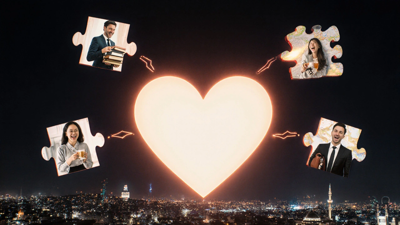 Dört farklı kişilik profili, İstanbul manzarasının önünde bir kalp etrafında birleşiyor.