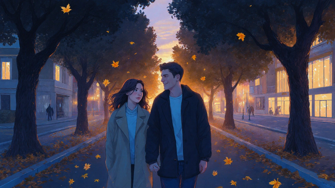 Esenyurt&#039;ta akşam saatlerinde bir kadın ve erkek, ağaçlı bir yolda sakin bir şekilde yürüyor.