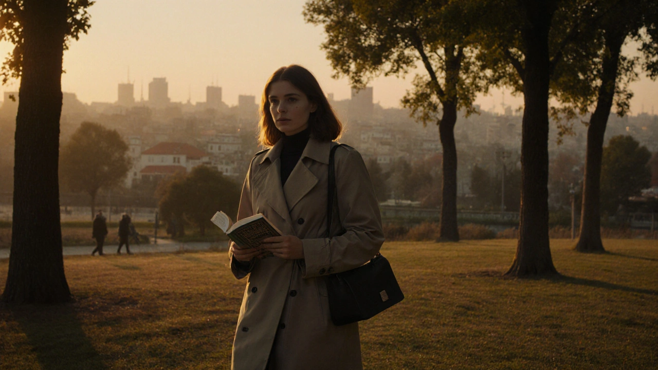 Esenyurt&#039;ta bir parkta akşam saatlerinde kitapla yürüyen bir kadın, doğa ve şehir manzarası arka planda.