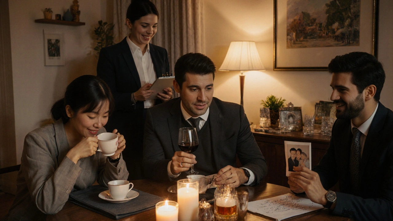 Farklı kültürlü müşterilerle bir escort, kibarca ve dikkatle iletişim kuruyor, sıcak bir akşam ışığı içinde.