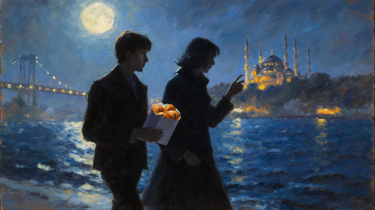 Gece Bosphorus kıyısında sessizce yürüyen iki figür, ay ışığında siluet halinde.