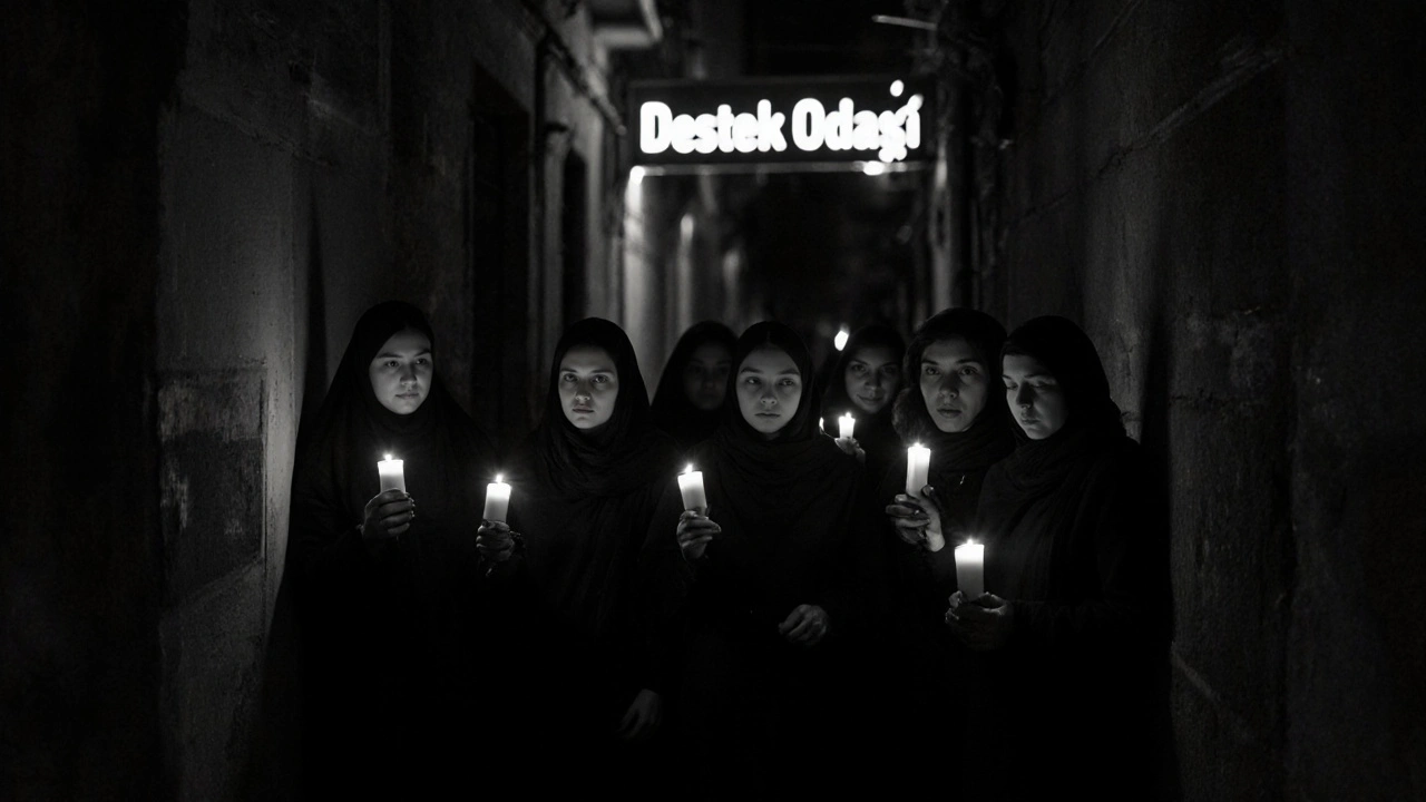 Gizli bir kadın destek grubu, bir sokakta mumlarla birlikte sessiz bir dayanışma sergiler.