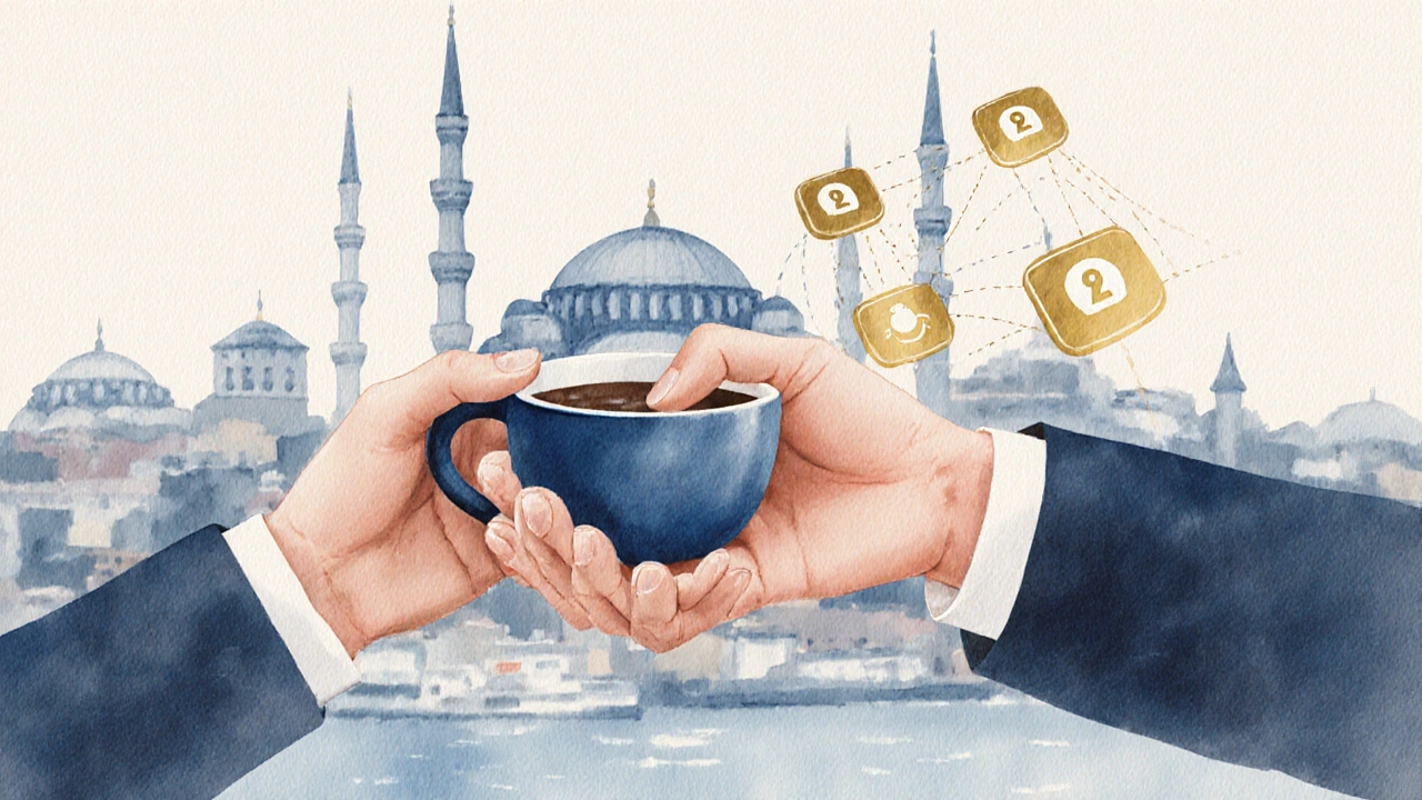 İki el kahve kupası ve şifreli mesaj ikonlarıyla birlikte gizliliği simgeliyor.