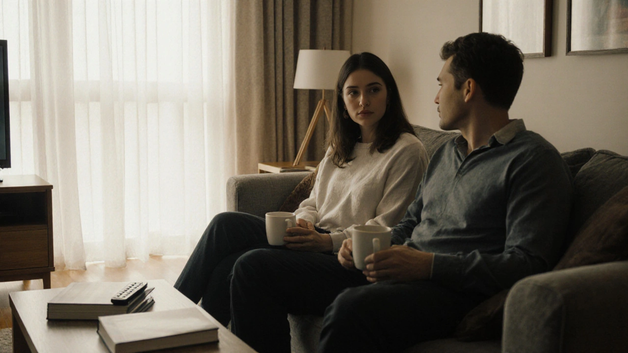 İki kişi, kahve içerek sessizce konuşuyor, fiziksel temas olmadan samimi bir bağ kuruyor.